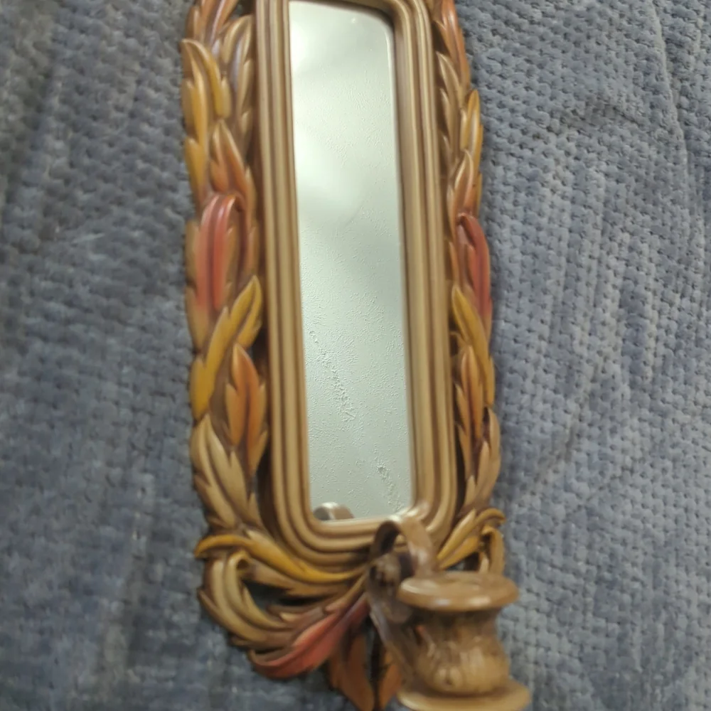 Vintage 1980 BURWOOD 2416 Homco Brown LEAF Mirror WALL SCONCE Candle Holder 23¾